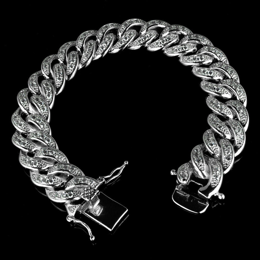 15mm/19mm Diamond Mariner Cuban Bracelet in Solid Sterling Silver