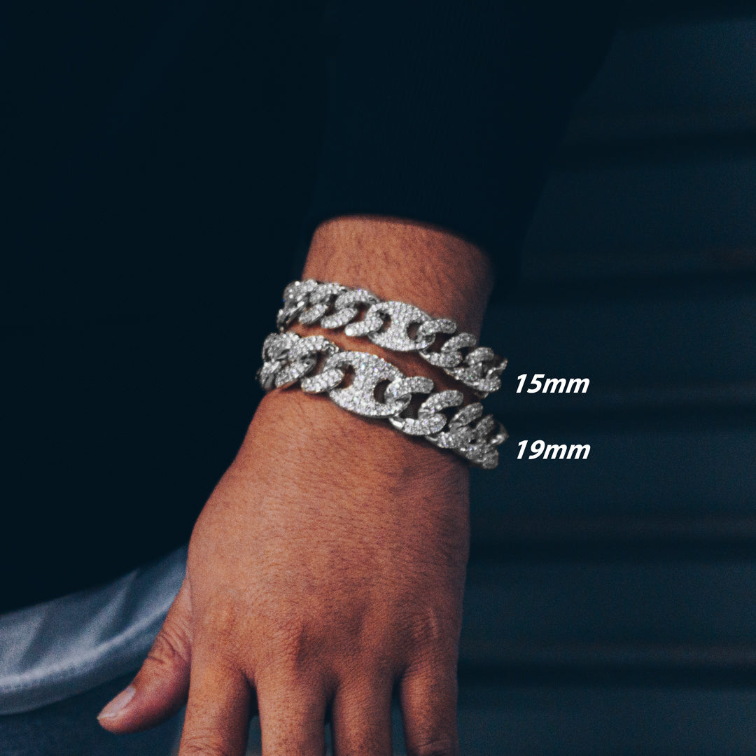 15mm/19mm Diamond Mariner Cuban Bracelet in Solid Sterling Silver